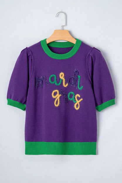 Tillandsia Purple Mardi Gras Tinsel Graphic Short Sleeve Sweater