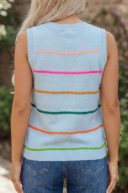 White Stripe Round Neck Knitted Sweater Tank