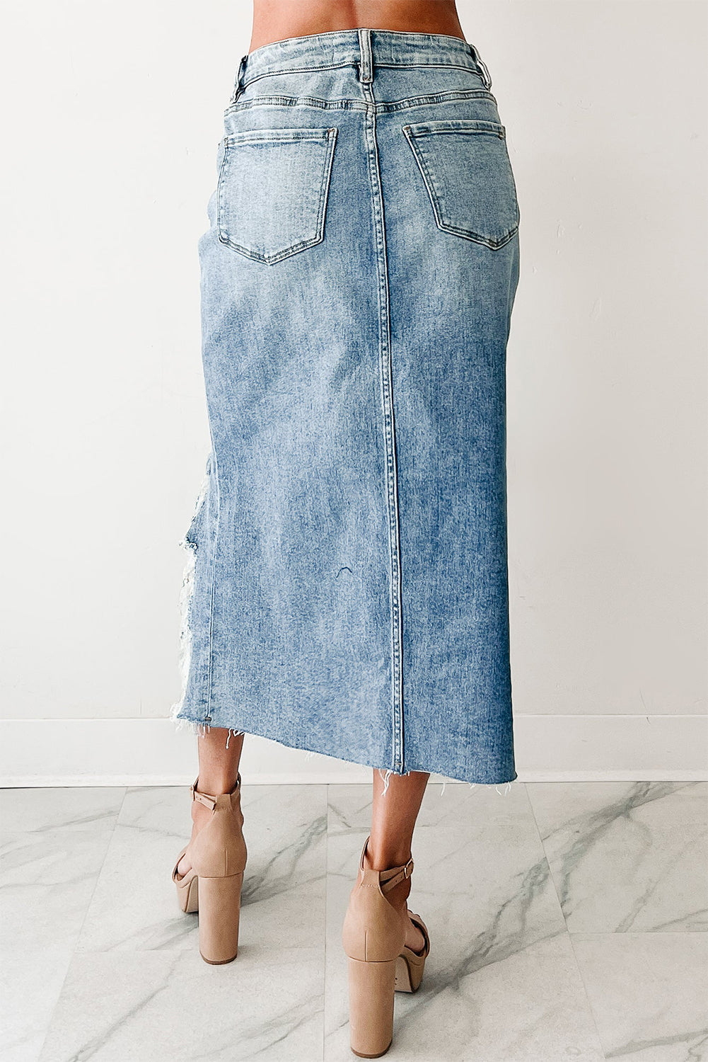 Myosotis Irregular Distressed Bottom Denim Midi Skirt