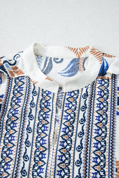 Sky Blue Plus Size Boho Print Split Neck Long Sleeve Mini Dress