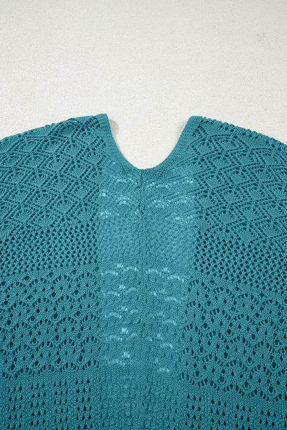 Lapis Mix Pattern Hollowed Knit Open Front Cardigan