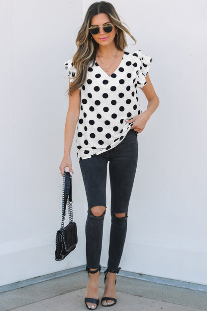 White Polka Dot Print Ruffled Sleeve V Neck Blouse
