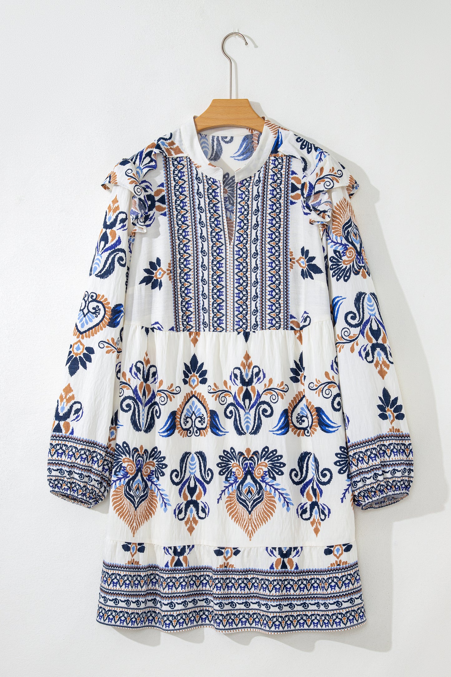 Sky Blue Plus Size Boho Print Split Neck Long Sleeve Mini Dress