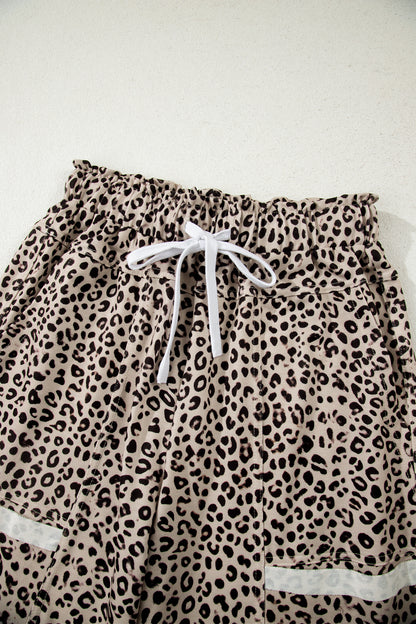 Khaki Animal Print Wide Leg Terry Knit Pants
