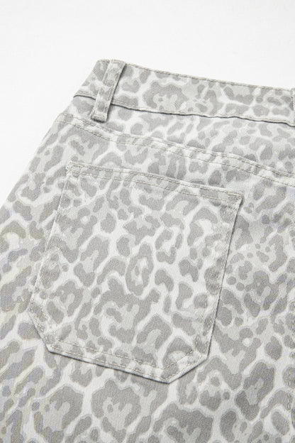 Sky Blue Leopard Frayed Edge Wide Leg High Waist Jeans