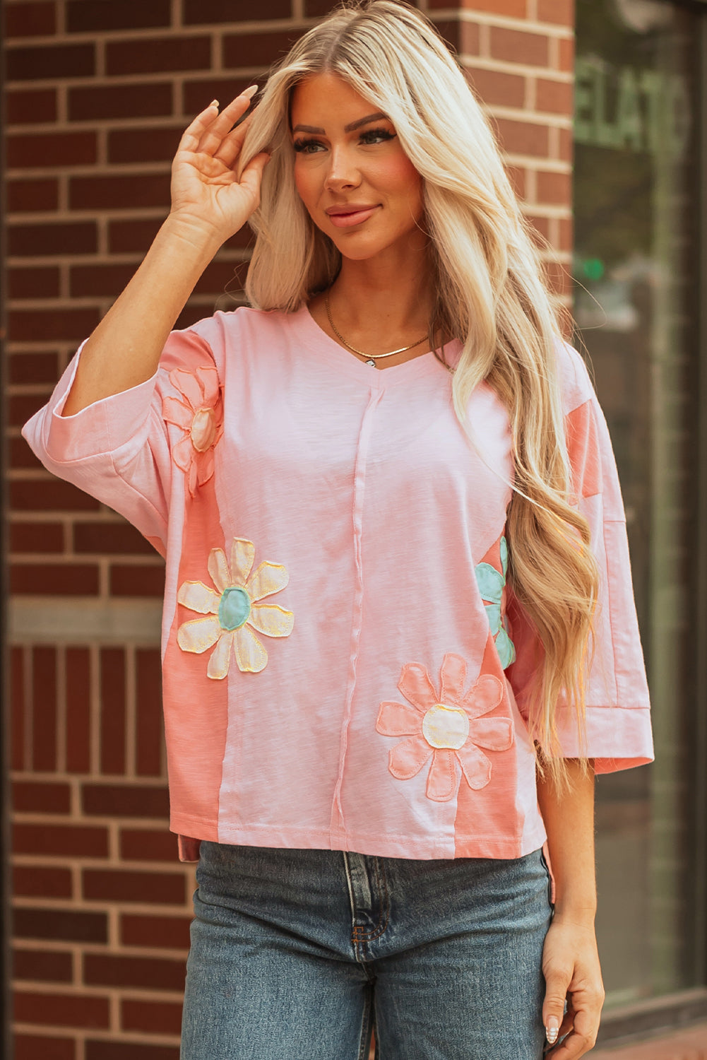 Pink Flower Patched Exposed Seam Bracelet Sleeve Oversized T Shirt