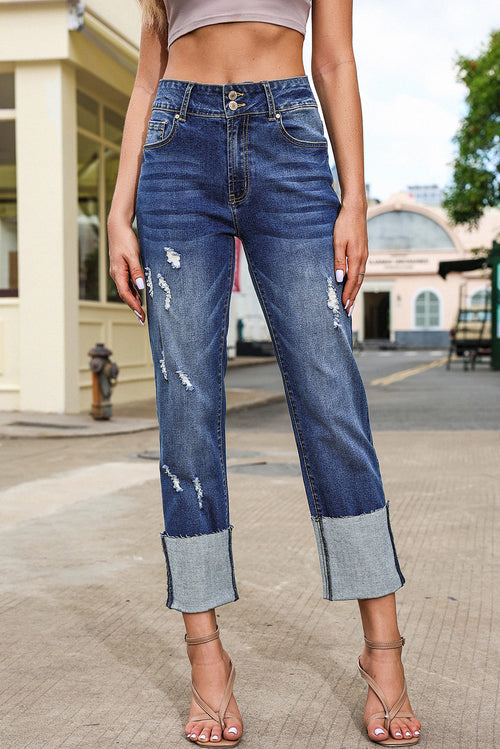 Blue-2 High Waist Distressed Straight Leg Jeans