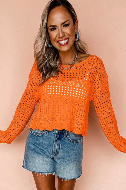 Carrot Solid Color Open Crochet Scallop Edge Sweater