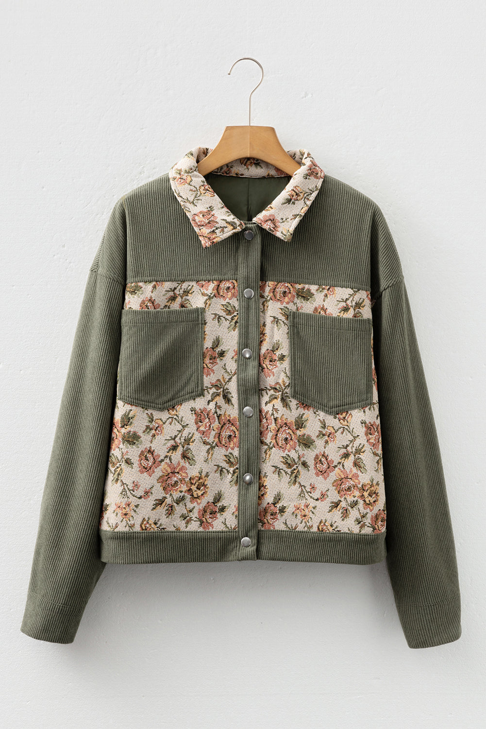 Sage Green Ribbed Retro Floral Patchwork Shirt Style Jacket