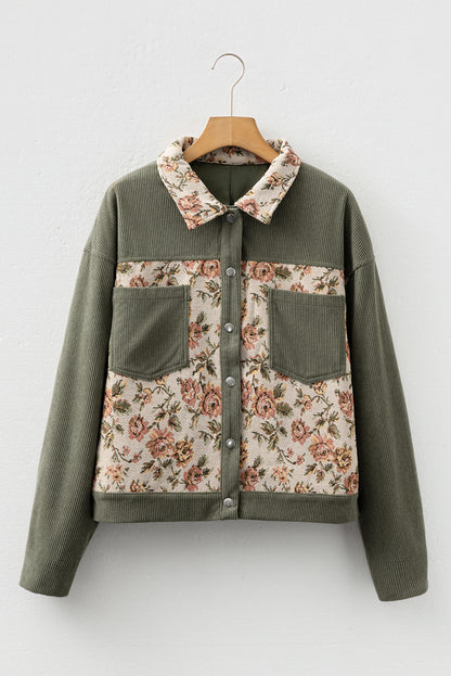 Sage Green Ribbed Retro Floral Patchwork Shirt Style Jacket