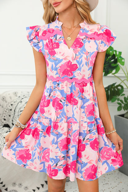 Sky Blue Floral Printed V Notched Ric Rac Flutter Sleeve Dress