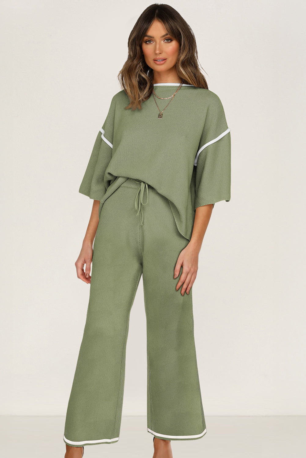 Guacamole Green Contrast Trim Half Sleeve Top Drawstring Pants Loose 2pcs Sweater Suit