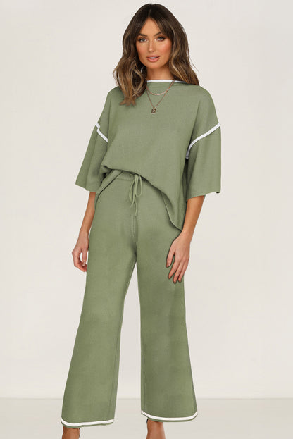 Guacamole Green Contrast Trim Half Sleeve Top Drawstring Pants Loose 2pcs Sweater Suit