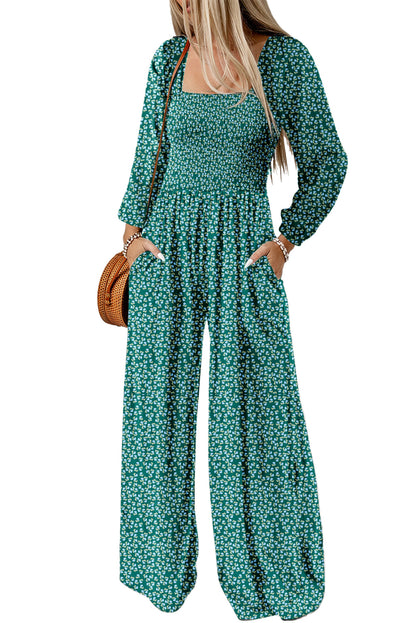 Green Floral Print Western Smocked Bodice Square Neck Wide Leg Jumpsuit