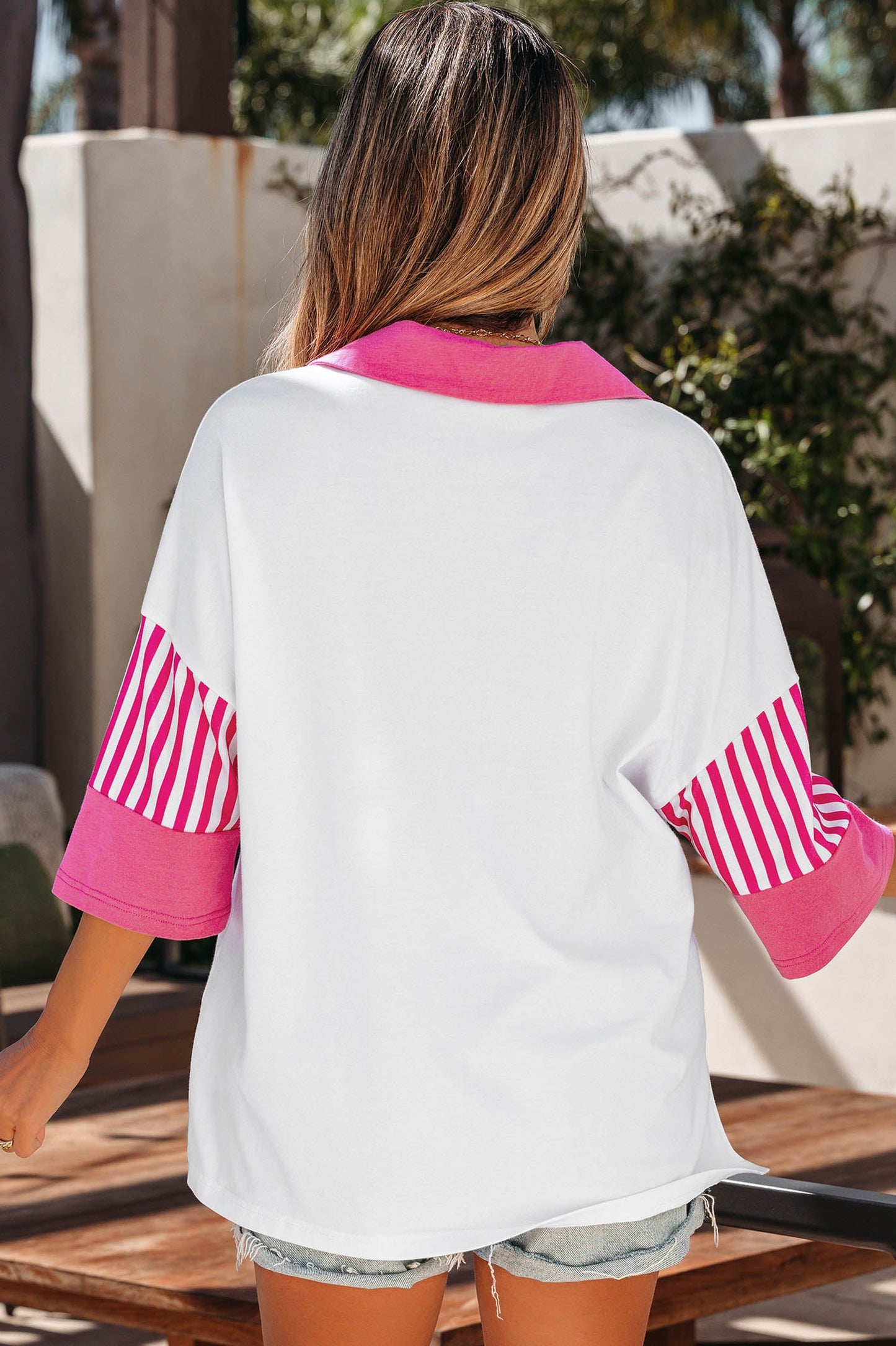 White Sequin Bow Pattern Striped Color Block Collar Half Sleeve Shift Top