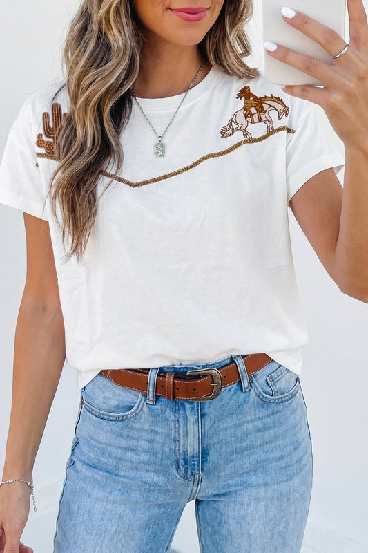 White Western Fashion Embroidered Casual Tee