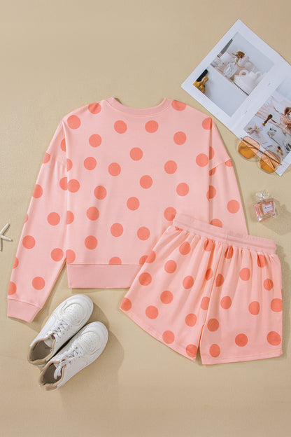 Sky Blue Polka Dot Print Drop Shoulder Pullover Drawstring Shorts Set