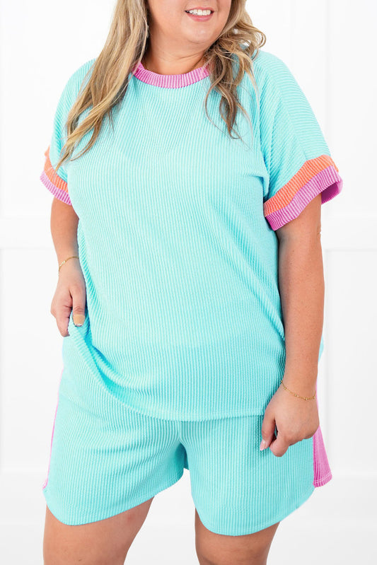 Light Blue Plus Size Color Block Corded Knit Tee and Shorts Set
