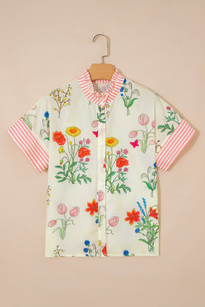 Sky Blue Floral Striped Patchwork Ruffled Collar Short Sleeve Shirt