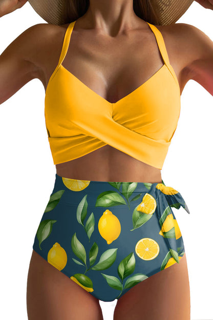 Chicory Coffee Crossed Straps Twisted Tropical Print Knot Side High Waist Bottom 2pcs Swimsuit