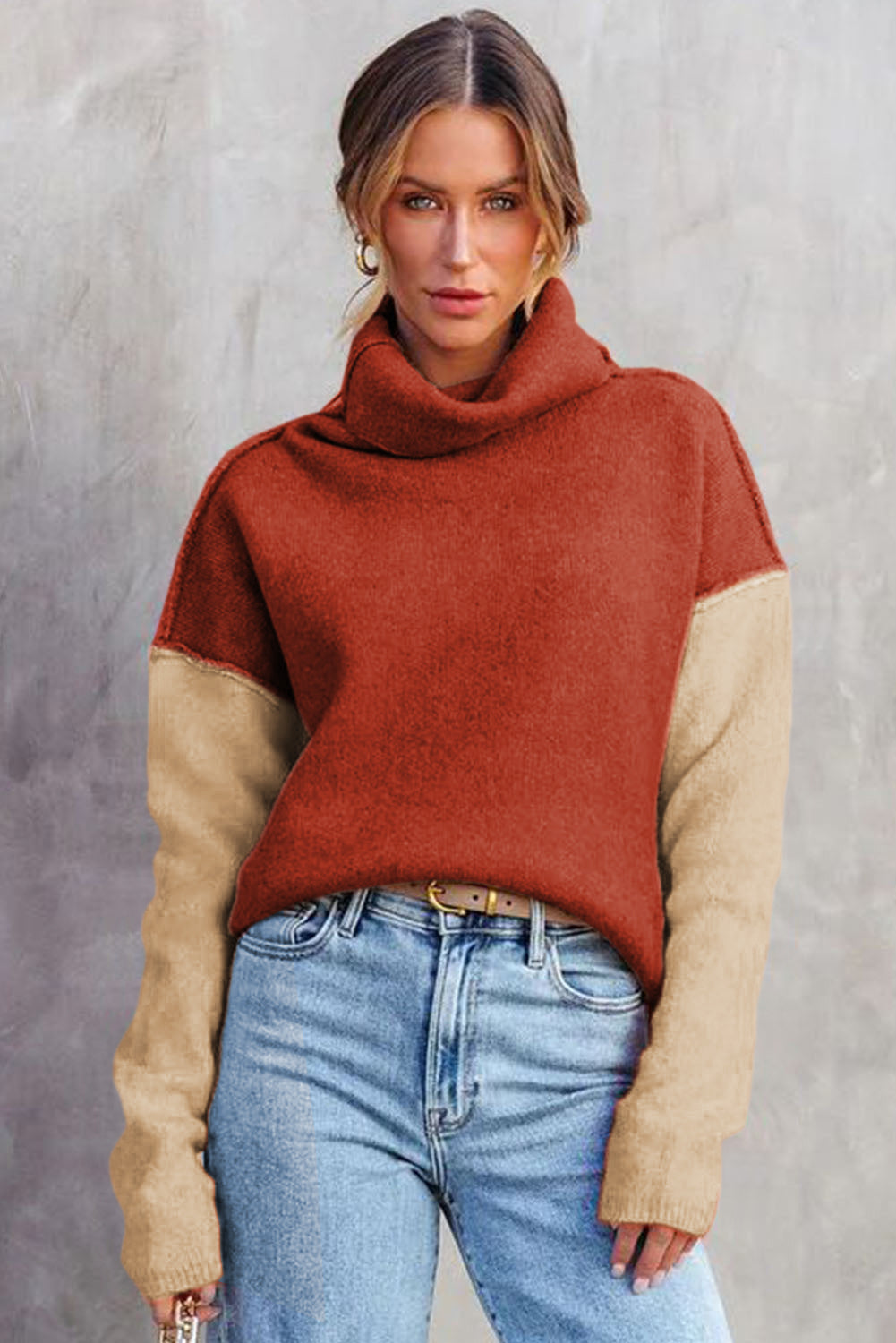 White Color Block Turtle Neck Drop Shoulder Knit Sweater