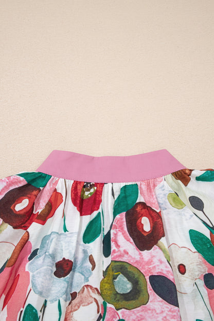 Pink V Neck Short Puff Sleeve Plus Size Floral Blouse