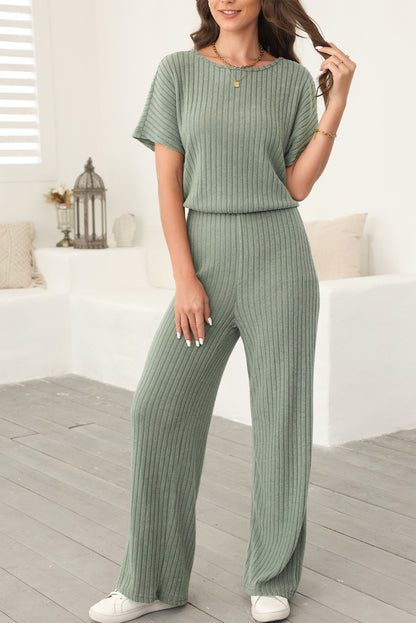 Black Ribbed Keyhole Short Sleeve Wide Leg Jumpsuit
