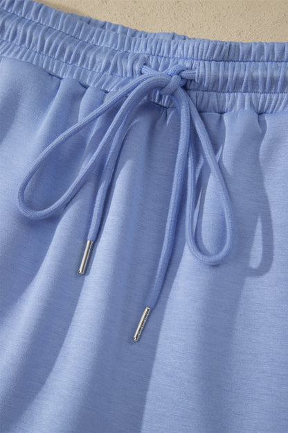 Sky Blue Preppy Striped Trim V Neck Polo Tee Drawstring Skirt Set