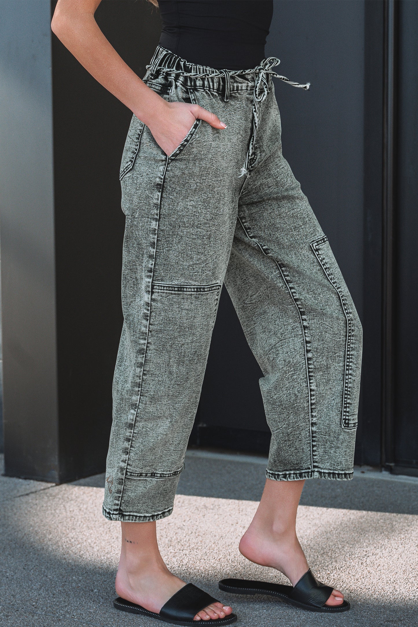 Gray Acid Wash Tie Waist Denim Pants
