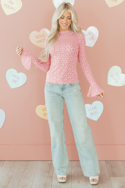 Gossamer Pink Heart Jacquard Flare Sleeve Mock Neck Fitted Top
