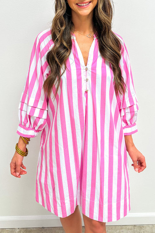 Rose Stripe Bracelet Sleeve Buttons Loose Mini Dress