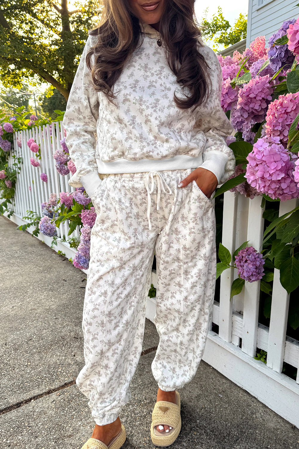 White Floral Print Casual Hoodie Drawstring Jogger Pant Set