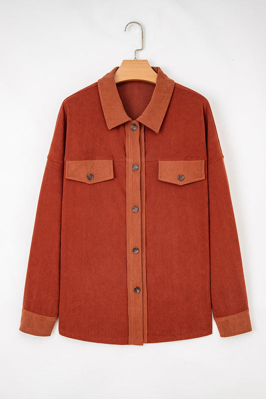 Gold Flame Velvet Flap Pockets Drop Shoulder Casual Shacket