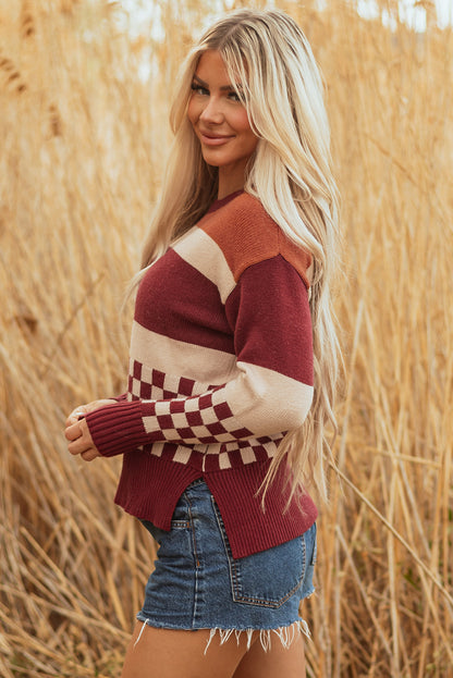 Brown Checkered Color Block Knitted Drop Shoulder Sweater
