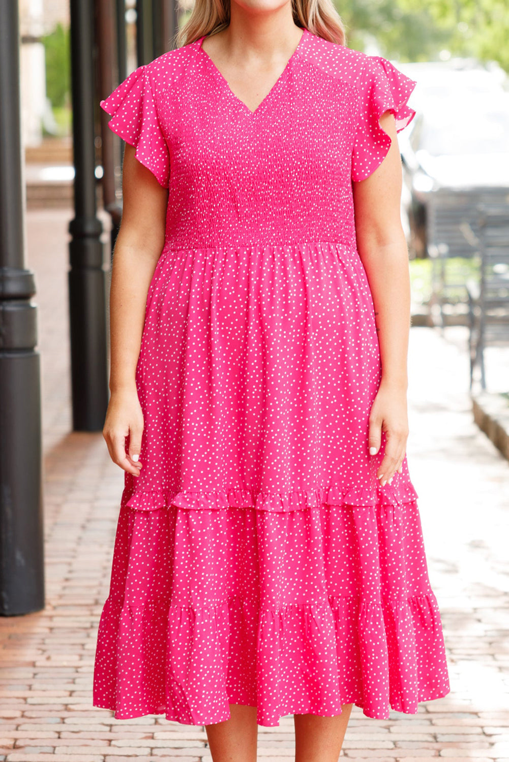 Rose Polka Dot Print Ruffled Smocked High Waist Plus Midi Dress