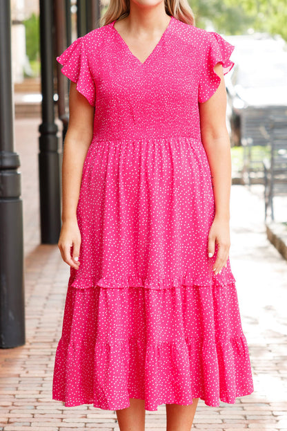 Rose Polka Dot Print Ruffled Smocked High Waist Plus Midi Dress