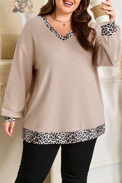 Parchment Leopard Patchwork V Neck Long Sleeve Plus Size Top