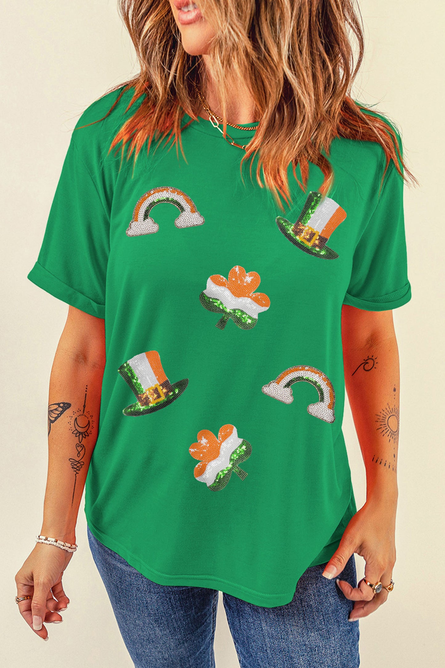 Bright Green St Patricks Day Elements Sequin Graphic Tee