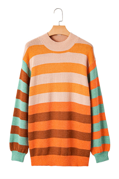 Orange Stripe Color Block High Neck Drop Shoulder Cozy Sweater