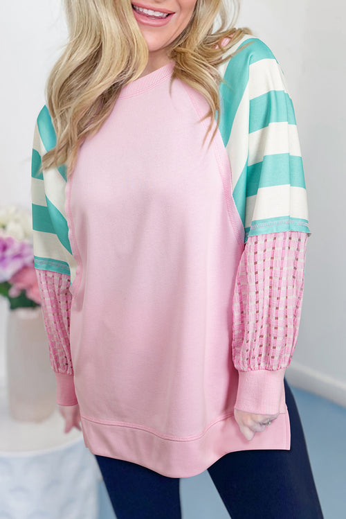 Bonbon Striped Colorblock Patchwork Raglan Pullover Top with Slits