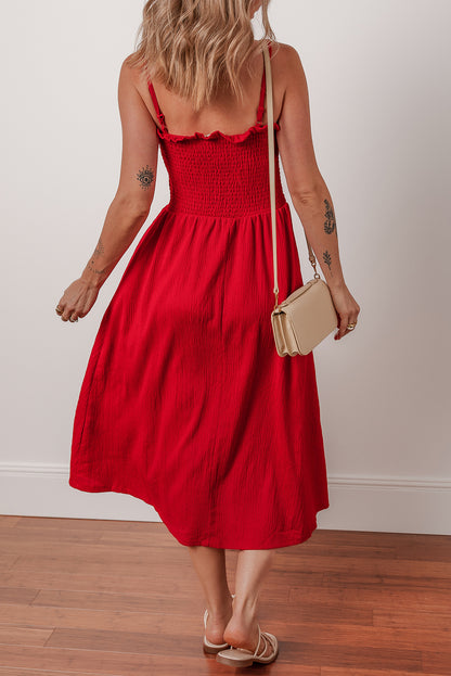 Racing Red Textured Shirred Ruffled Trim Spaghetti Strap Midi Dress