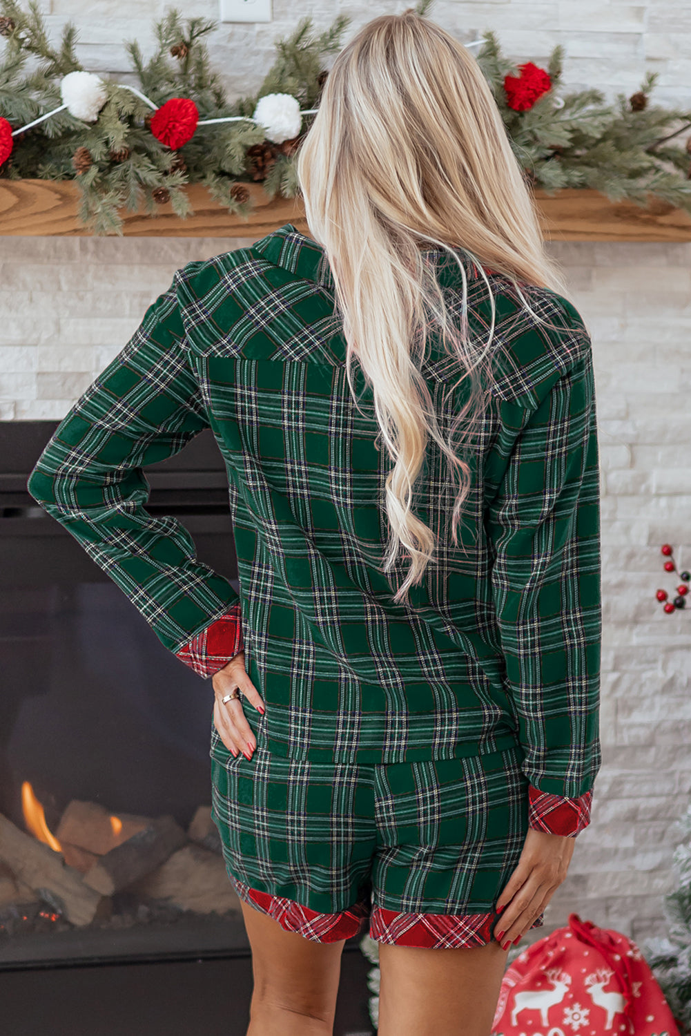 Green Plaid Contrast Patched Christmas Holiday Long Sleeve Shirt and Short 2pcs Pajama Set