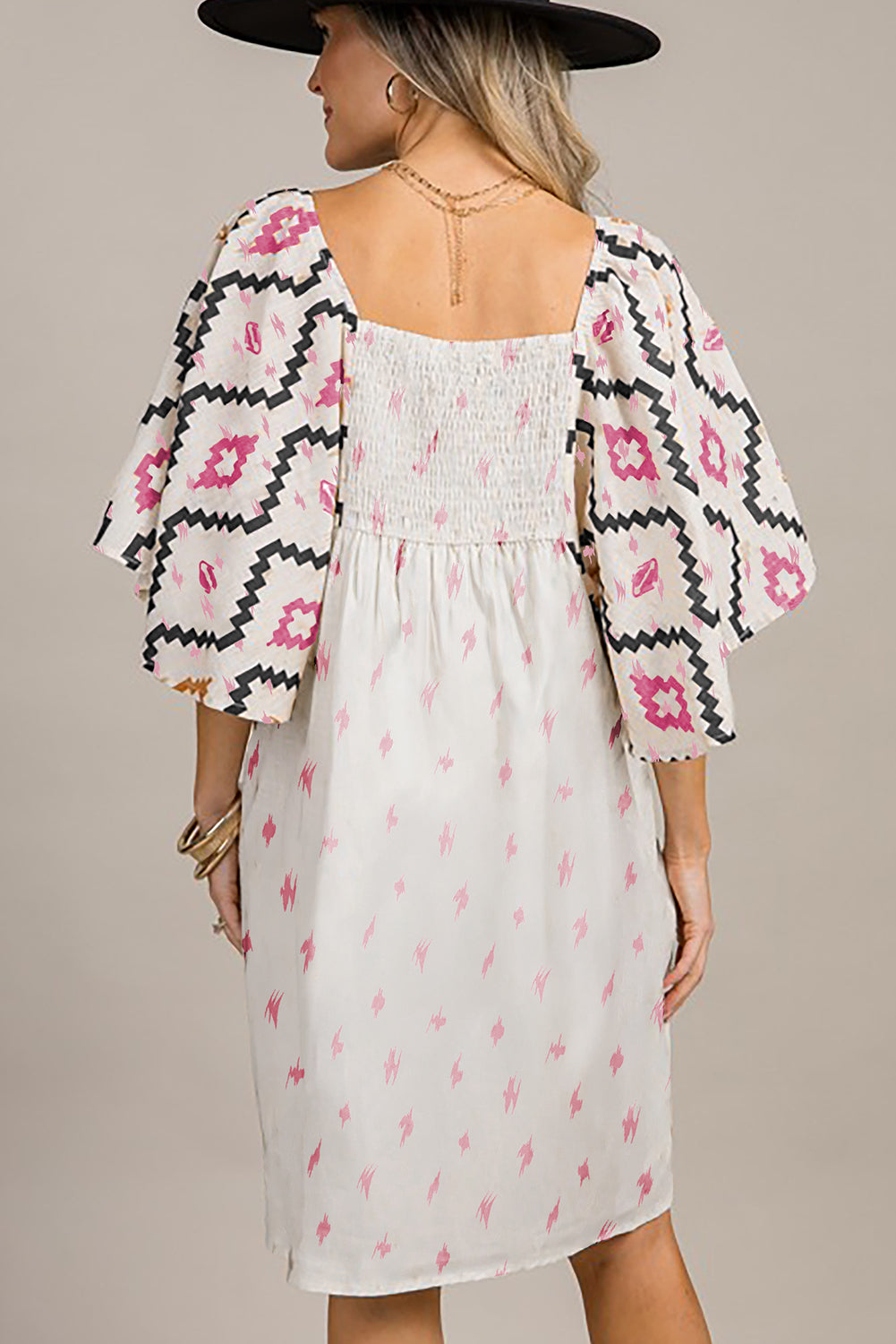 Pink Western Aztec Print Pleated Square Neck Loose Mini Dress