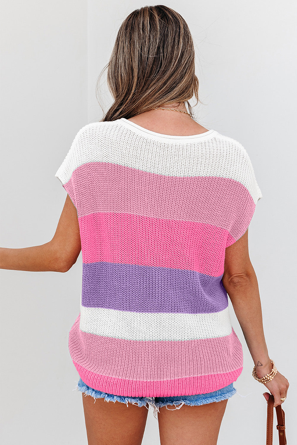 Multicolour Color Block Notch V Neck Sweater T Shirt