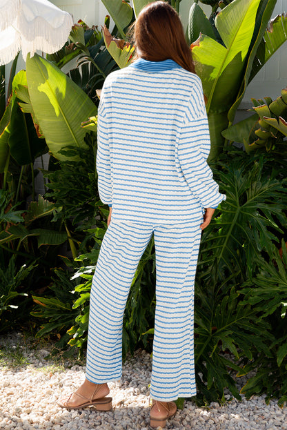 Sky Blue Stripe Collared Pullover Top and Drawstring Pant Set