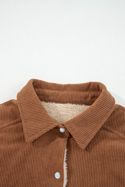 Cinnamon Fleece Lined Buttoned Flap Pockets Corduroy Jacket