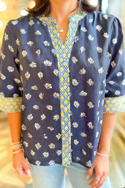 Blue Floral Print Half Sleeve Contrast Trim V Neck Blouse