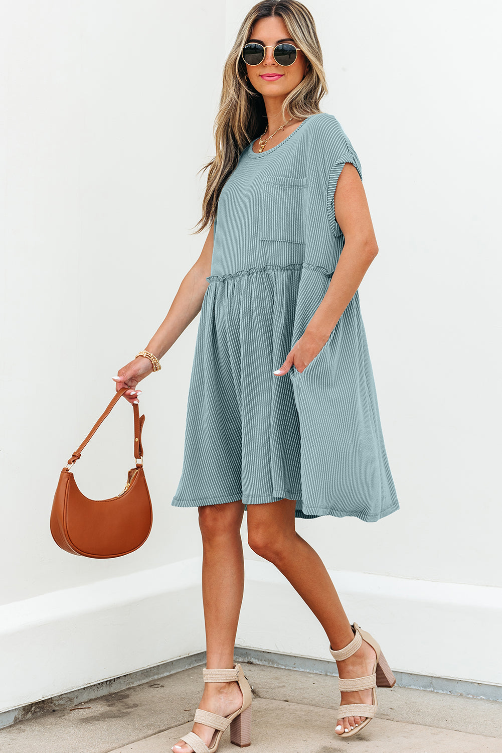 Canton Corded Knit Textured Patched Pocket Frilled Swing Mini Dress with Pockets