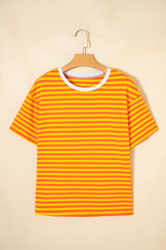 Orange Stripe Contrast Crew Neck Drop Shoulder Loose Tee