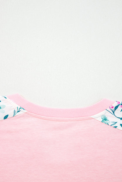 Light Pink Floral Colorblock Patchwork Chest Pocket Notched Neck Long Sleeve Top